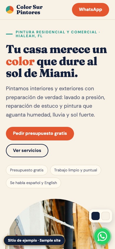 Captura móvil del sitio de ejemplo de una empresa de pintura