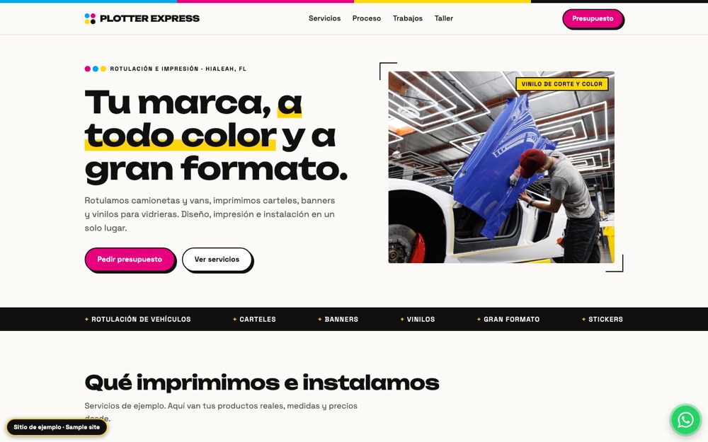 Captura de escritorio del sitio de ejemplo de una empresa de plotter