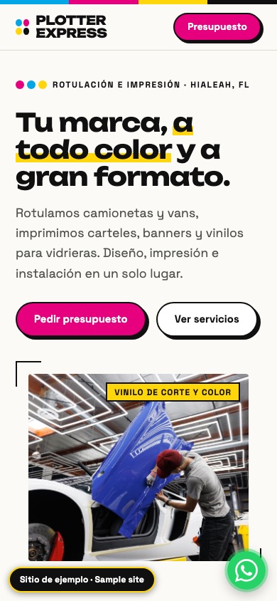 Captura móvil del sitio de ejemplo de una empresa de plotter
