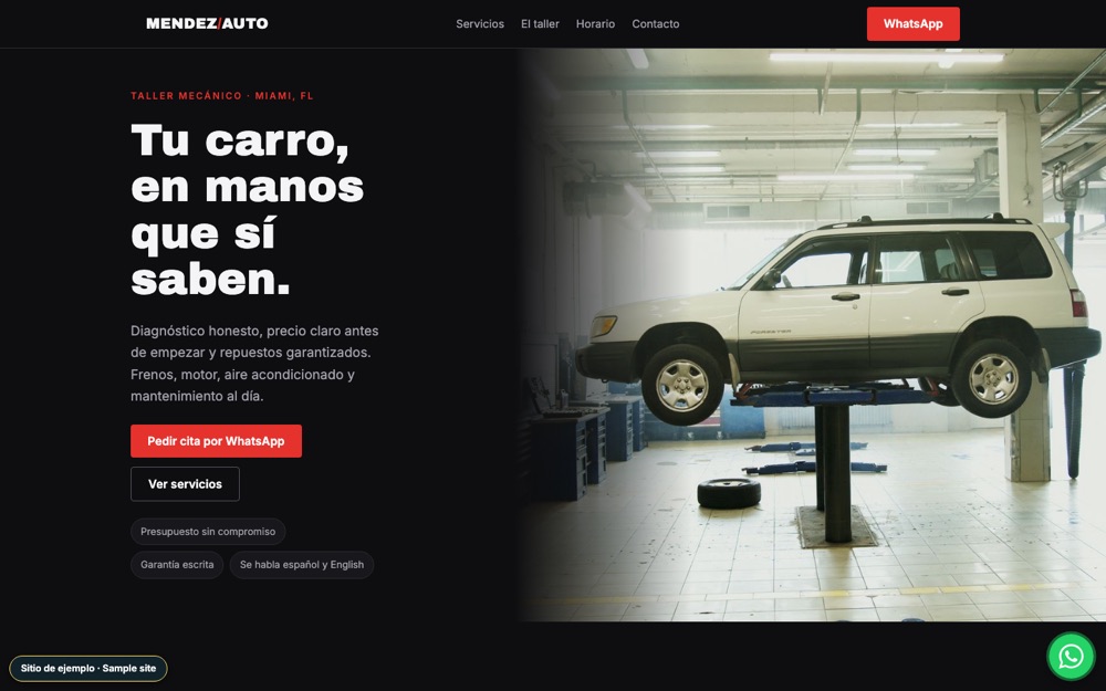 Captura de escritorio del sitio de ejemplo de un taller mecánico