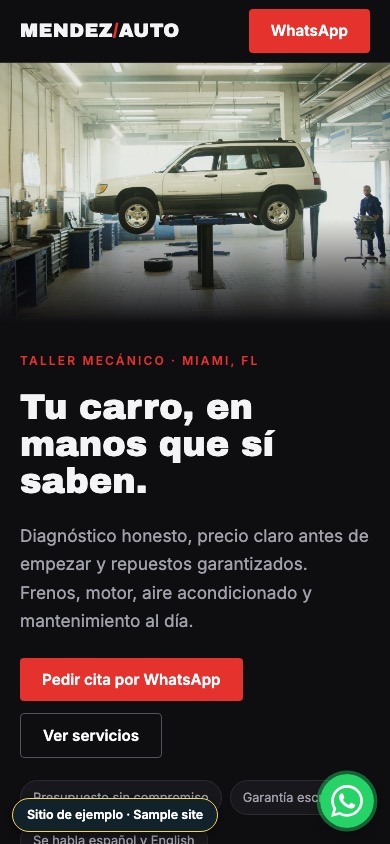 Captura móvil del sitio de ejemplo de un taller mecánico